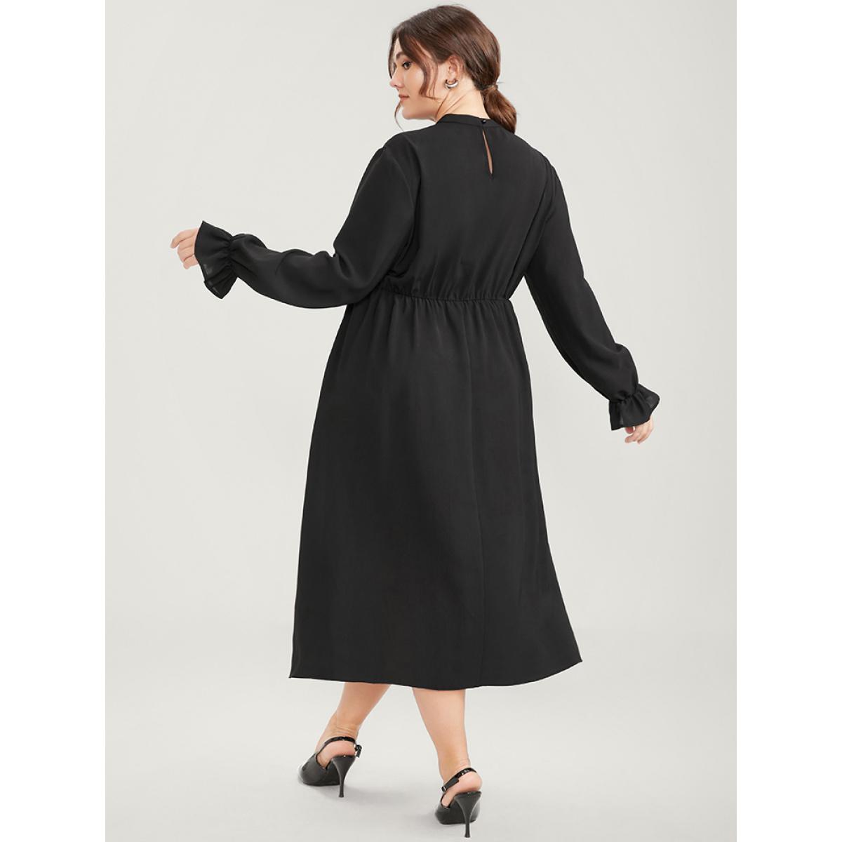 Plus Size Floral Embroidered Pocket Mock Neck Dress Black Women Office Embroidered Mock Neck Long Sleeve Curvy Midi Dress BloomChic 10/M Product Image