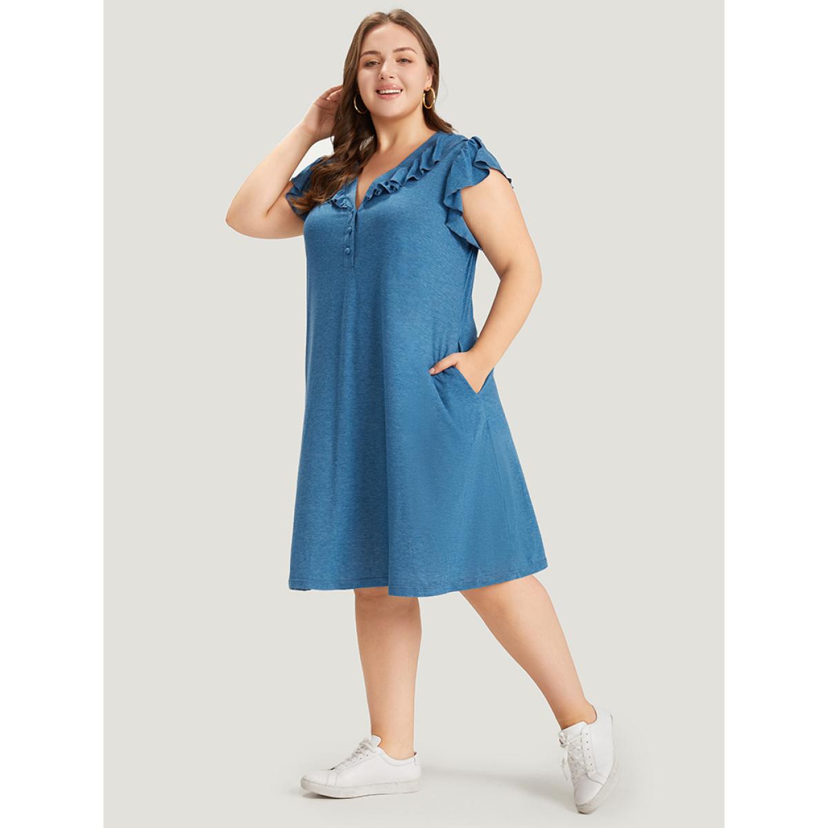 Plus Size Supersoft Essentials Plain Pocket Button Through Flutter Dress Aegean Women Casual Button V-neck Cap Sleeve Curvy Midi Dress BloomChic 10/M Product Image