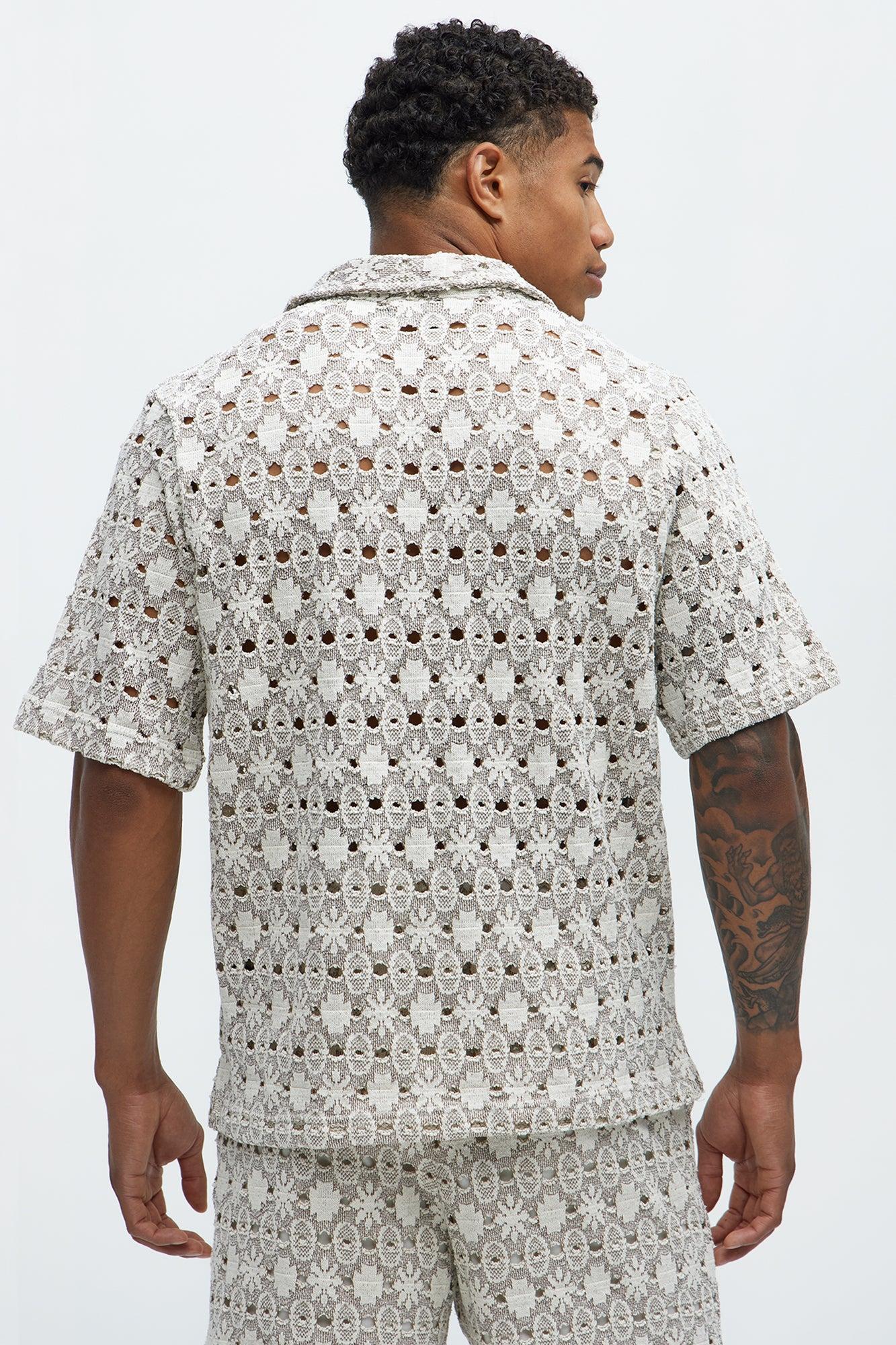 Patterned Open Knit Button Down Shirt - Cream/combo Product Image