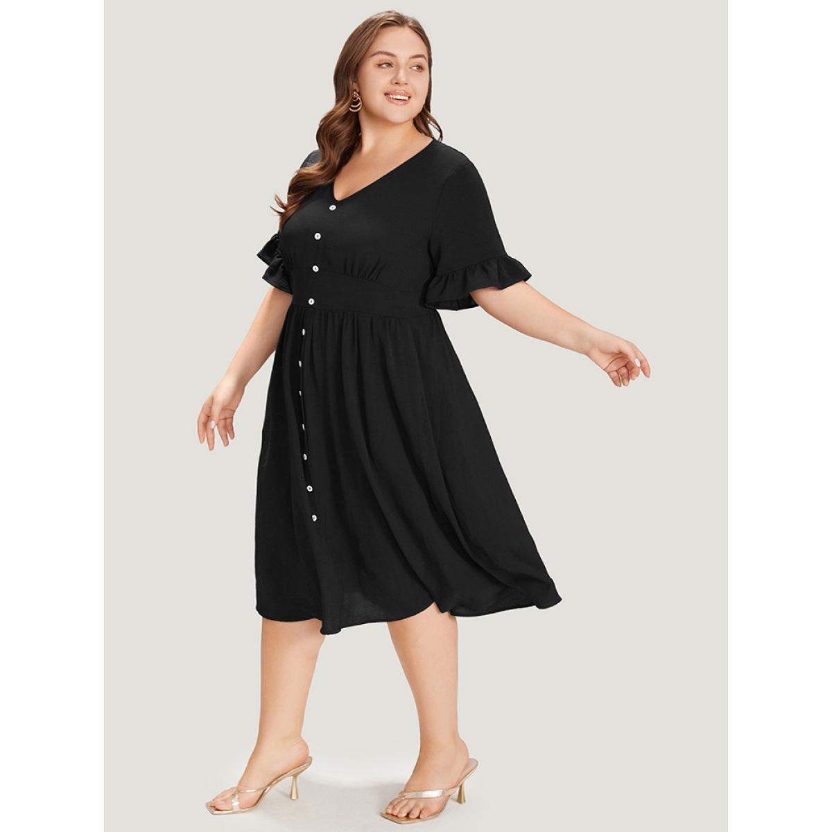 Plus Size Solid Bell Sleeve Button Detail Pocket Gathered Dress Black Women Elegant V-neck Half Sleeve Curvy Midi Dress BloomChic 12/L Product Image