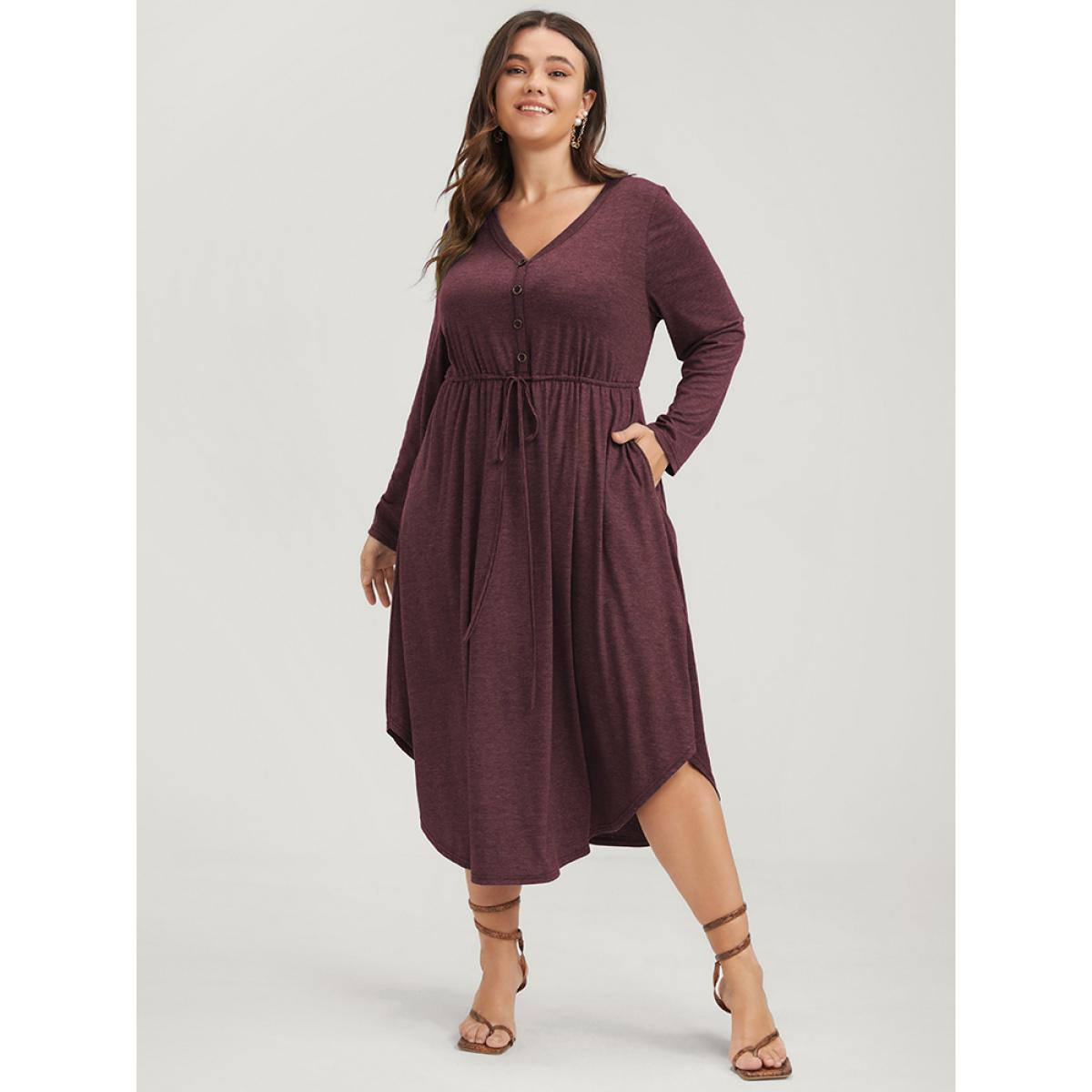 Plus Size Solid Pocket Button Asymmetrical Hem Ties Midi Dress Black Women Casual Patchwork V-neck Long Sleeve Curvy Midi Dress BloomChic 10/M Product Image