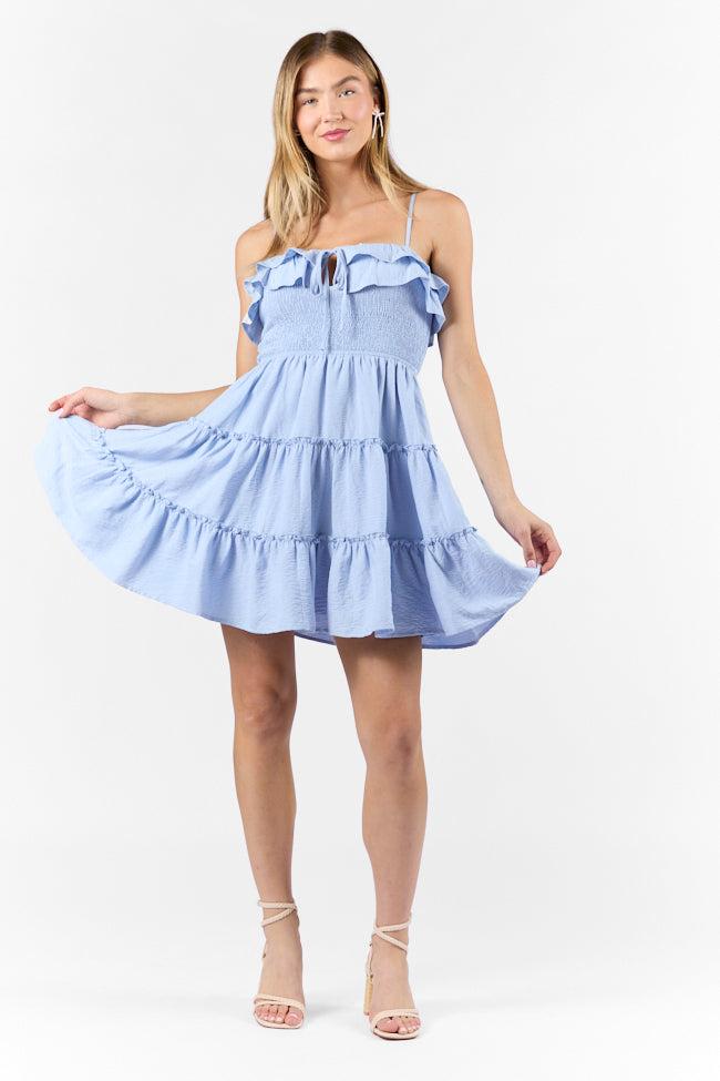 Keep My Promises Light Blue Smocked & Ruffle Detail Dress SALE Product Image