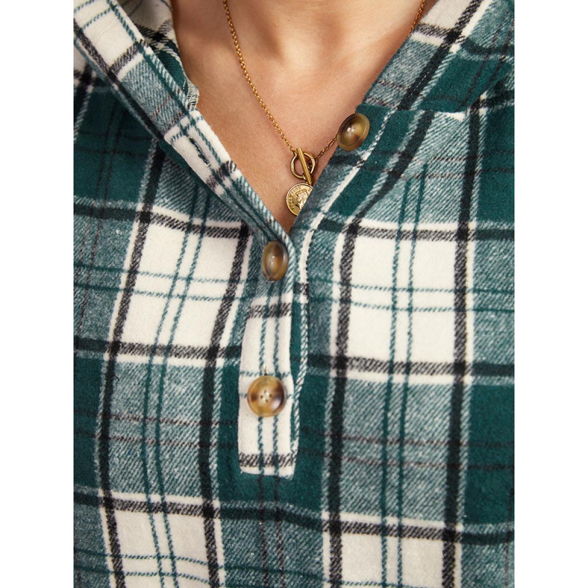 Plus Size Plaid Button Up Hooded Pocket Sweatshirt Women Green Casual Elastic cuffs Hooded Dailywear Sweatshirts BloomChic 26/4X Product Image