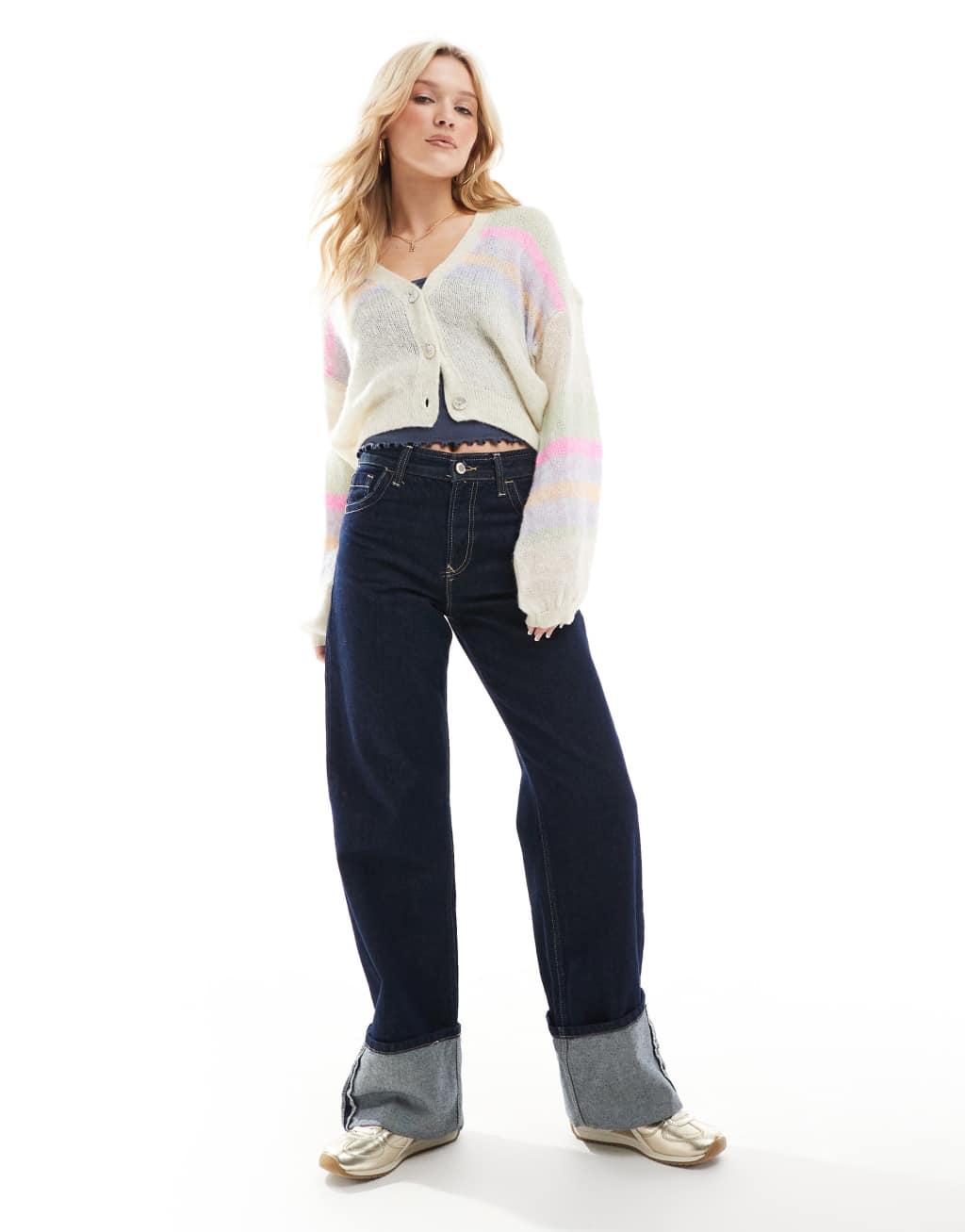 ONLY lightweight knitted cardigan in beige with multi stripes Product Image