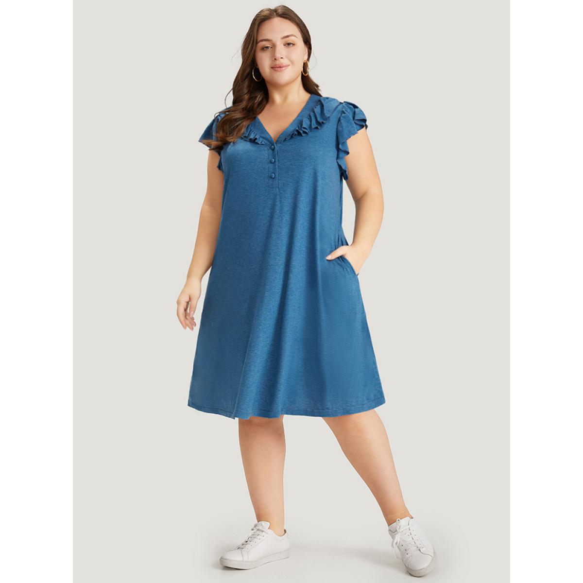 Plus Size Supersoft Essentials Plain Pocket Button Through Flutter Dress Aegean Women Casual Button V-neck Cap Sleeve Curvy Midi Dress BloomChic 10/M Product Image