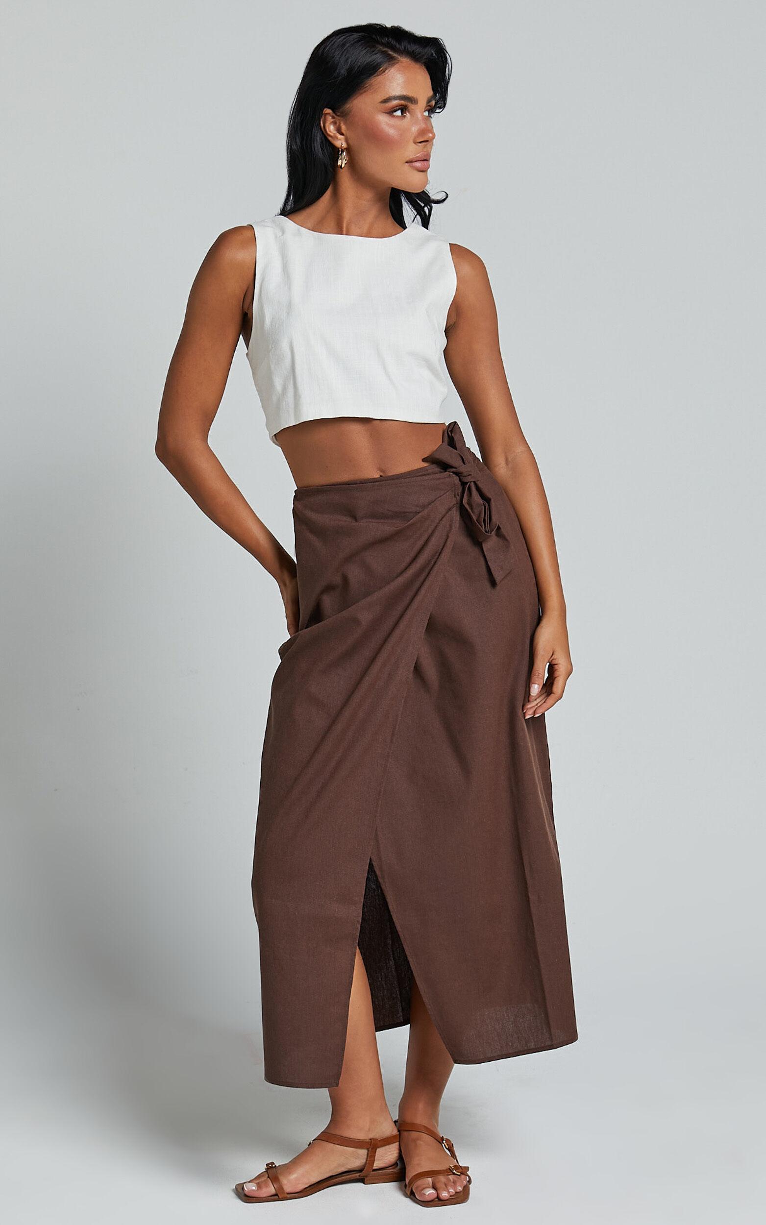 Genna Midi Skirt - Linen Look Wrap Skirt in Chocolate Product Image