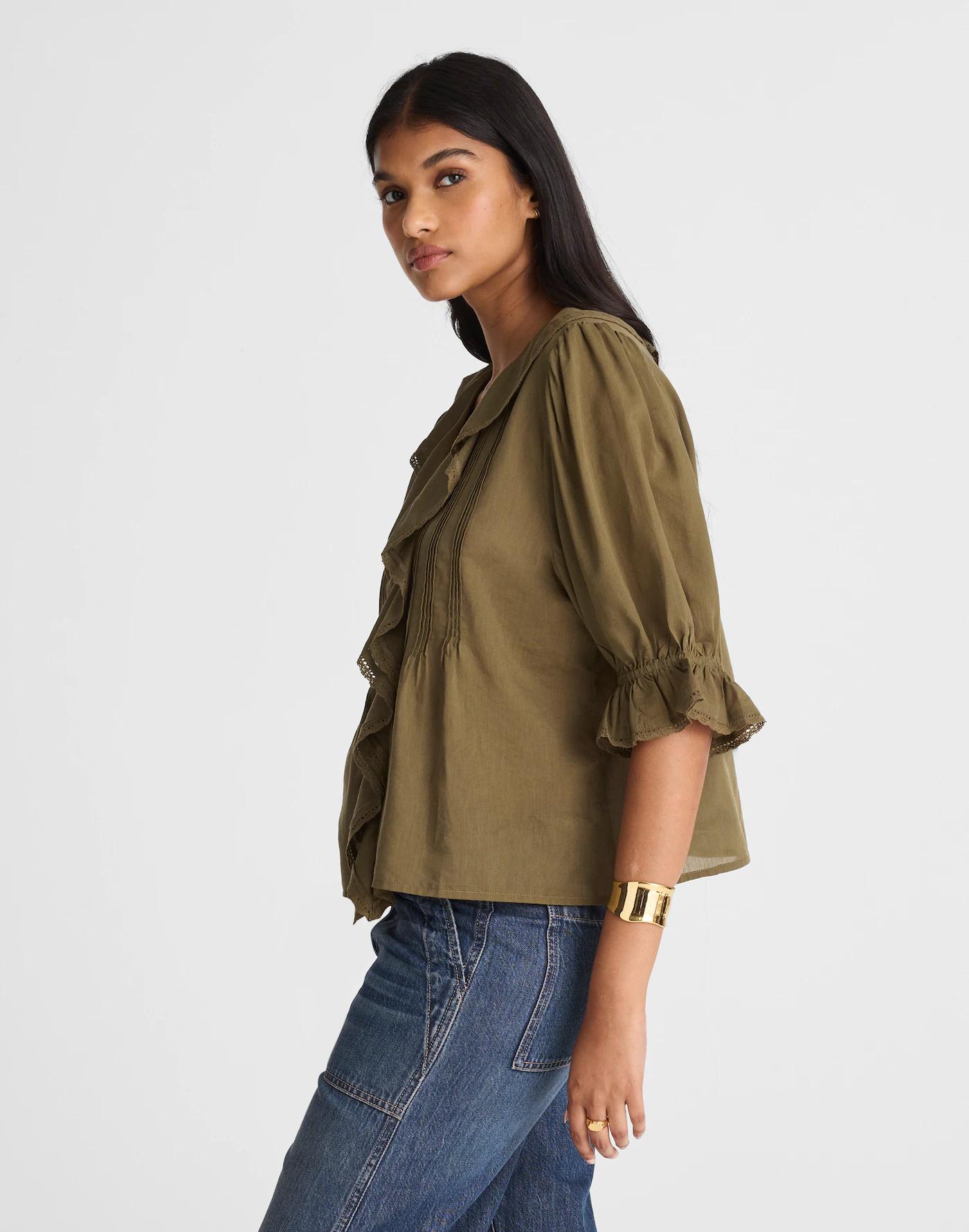 Pintucked Ruffled Puff-Sleeve Top Product Image