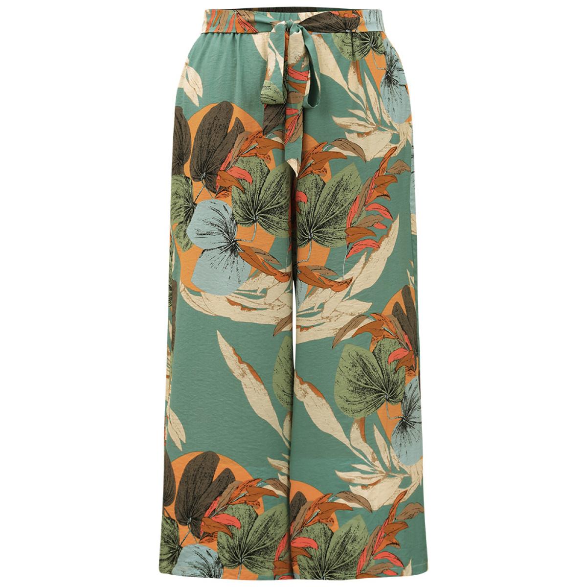 Plus Size Plants Print Elastic Waist Ties Pants Women Mint Vacation Straight Leg High Rise Dailywear Pants BloomChic 26/4X Product Image