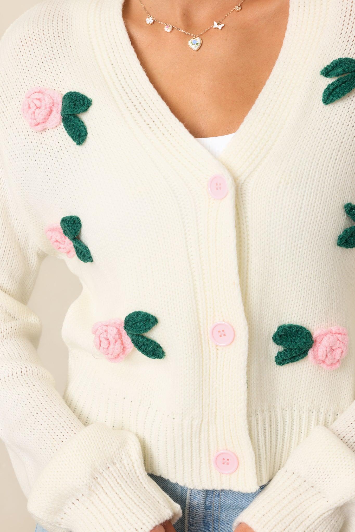Storytelling Ivory Crochet Rose Button Front Cardigan Product Image