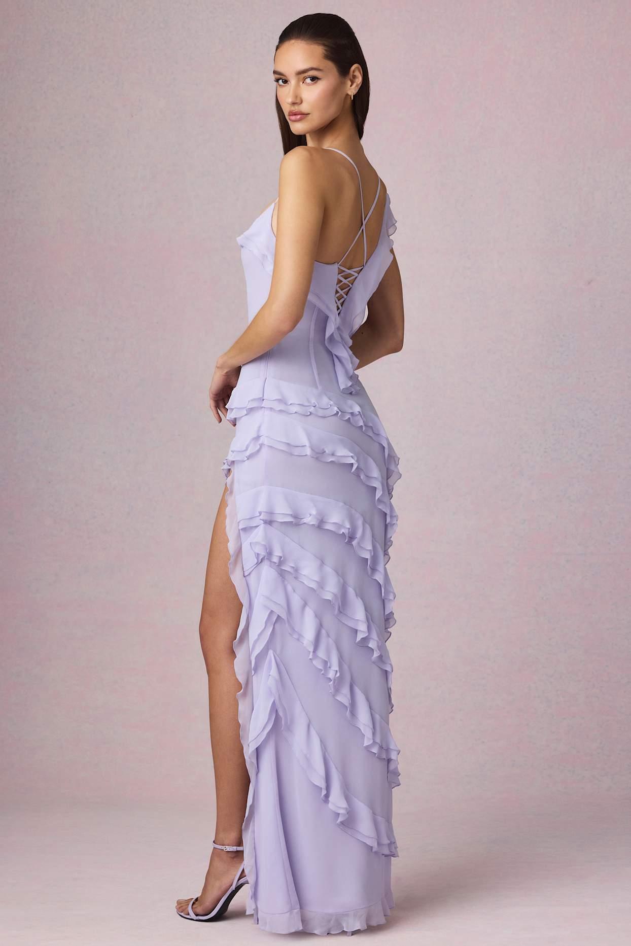 Asymmetric Ruffled Lace-Up Gown in Lilac Product Image