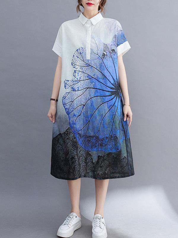 Artistic Retro Floral Printed Buttoned Lapel Collar Short Sleeves Midi Shirt Dress Product Image