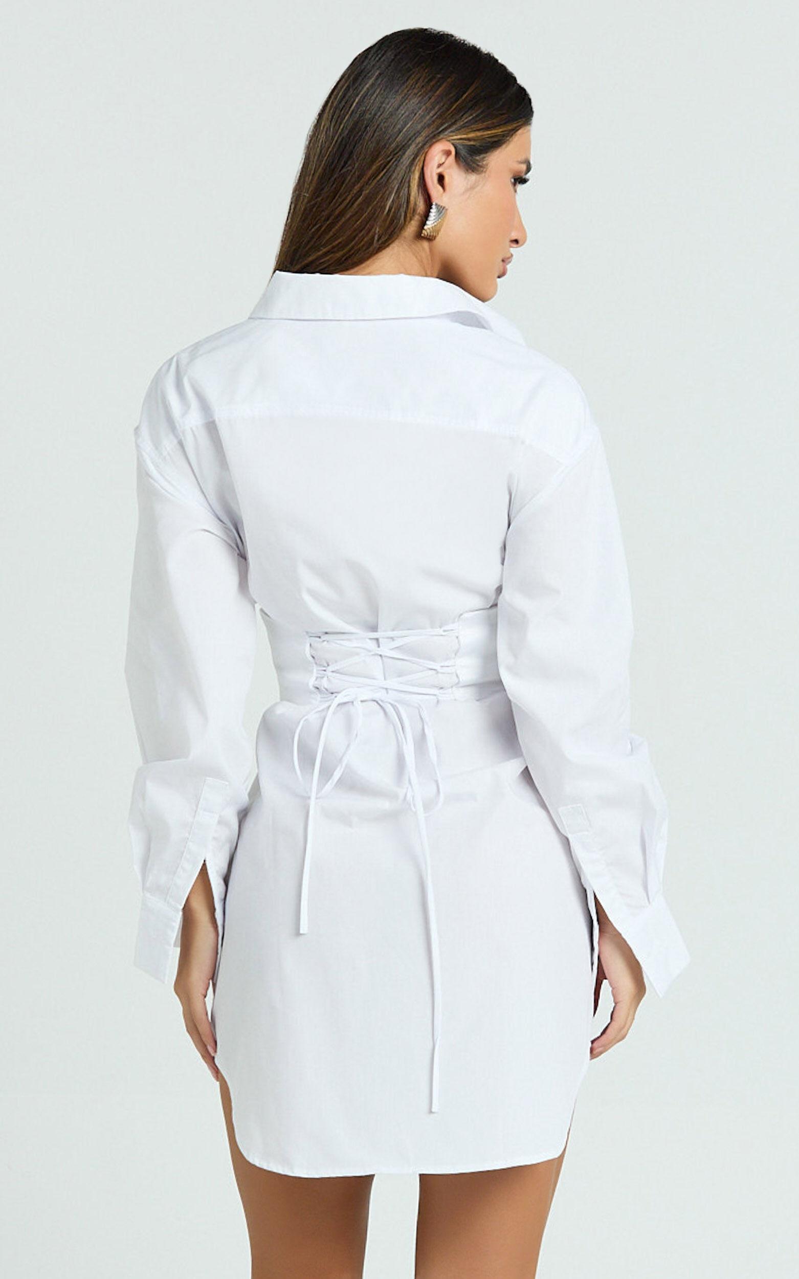Athena Mini Dress - Collared Button Front Corset Waist Workwear Shirt Dress in White Product Image