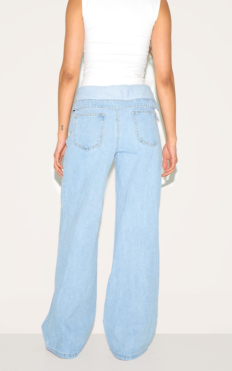 Light Blue Foldover Waist Detail Wide Leg Jean Product Image
