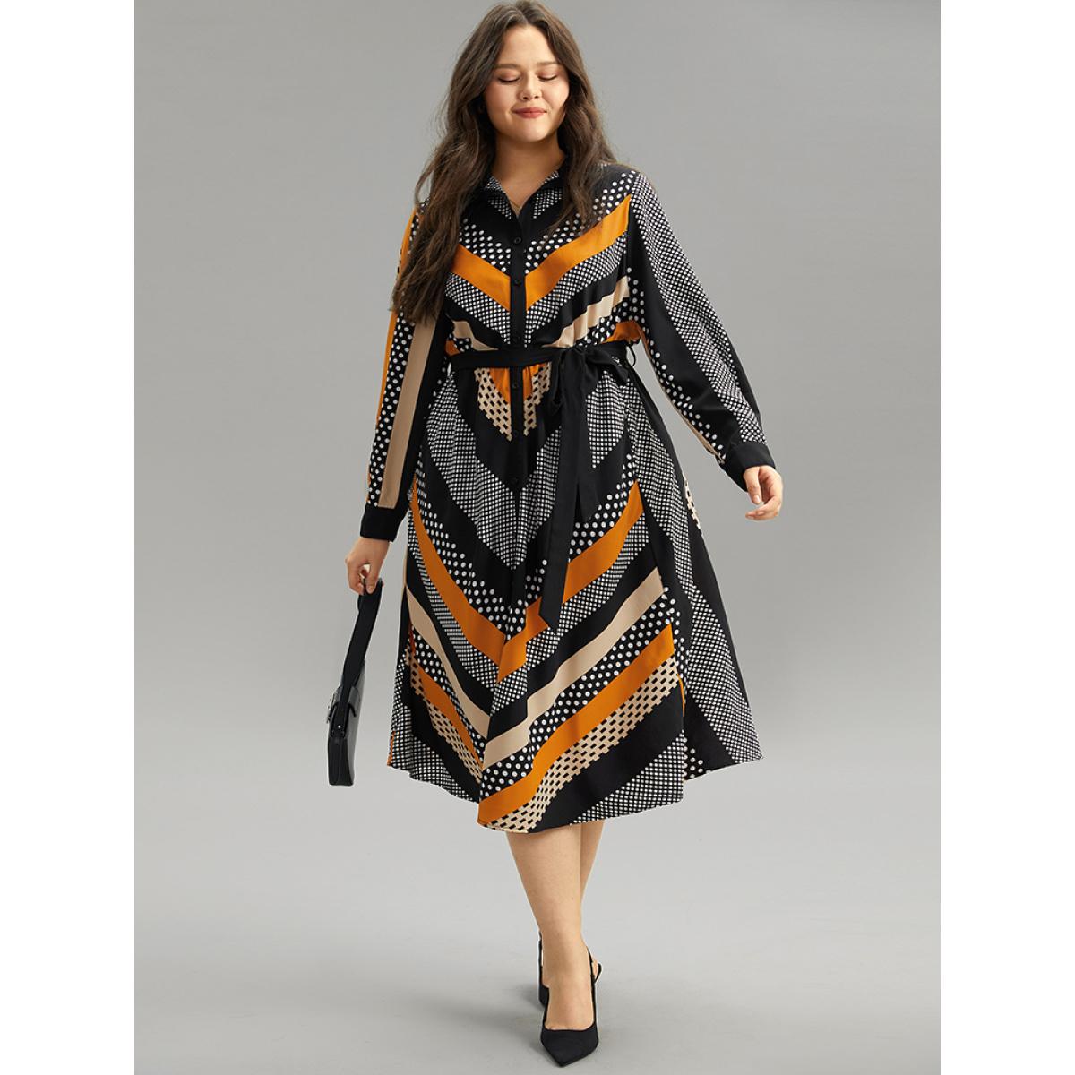 Plus Size Polka Dot Striped Belted Button Through Dress Orange Women At the Office Belted Mock Neck Long Sleeve Curvy Midi Dress BloomChic 28/5X Product Image