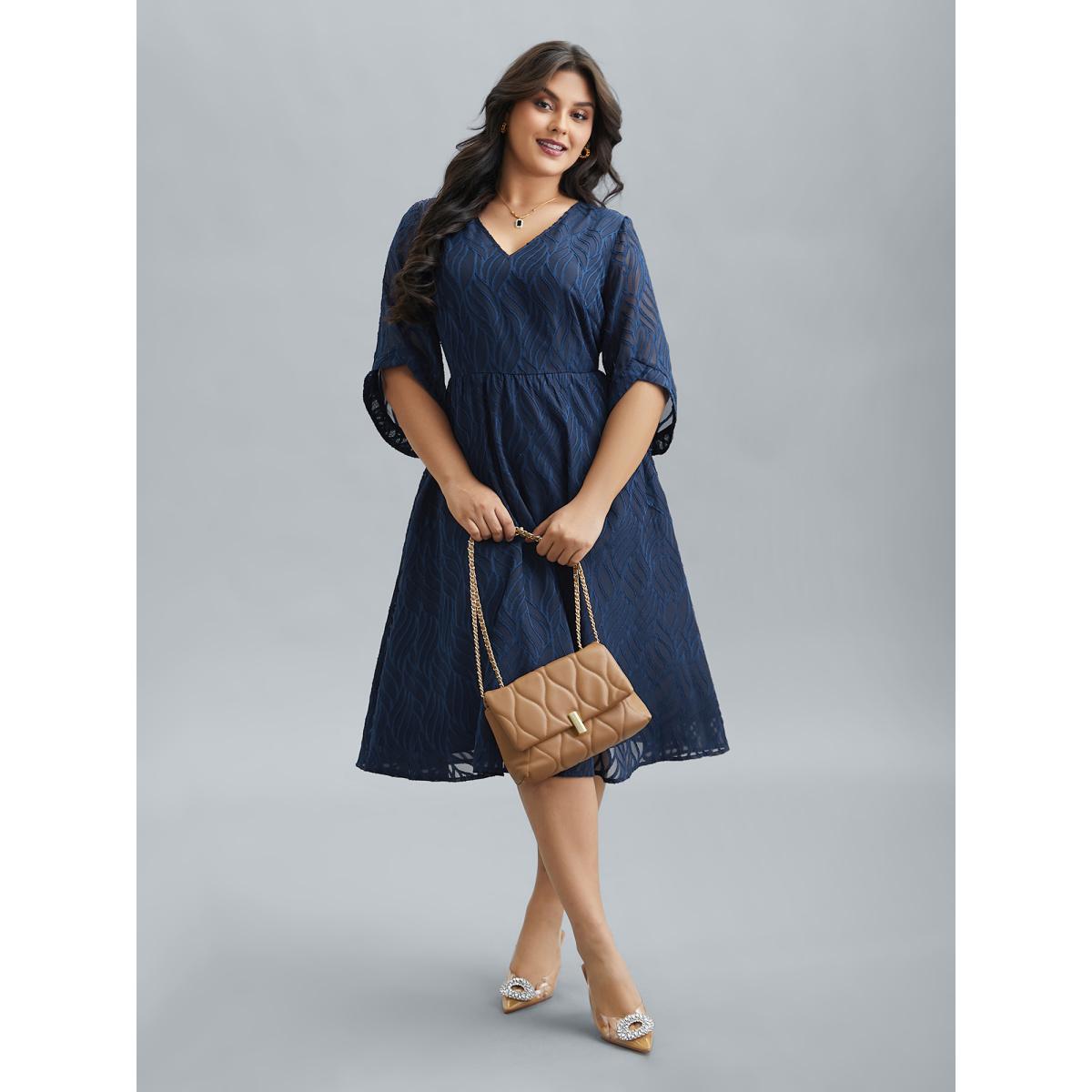Plus Size Chiffon Textured Sheer Sleeve Midi Dress Navy Women At the Office Texture V-neck Elbow-length sleeve Curvy BloomChic 22-24/3X Product Image