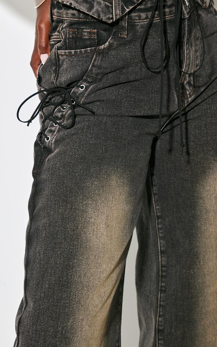 Tall Vintage Black Wash Lace Up Pocket Mid Rise Straight Leg Jeans Product Image
