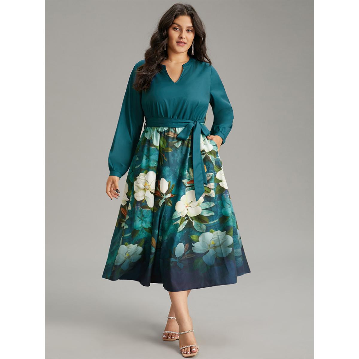 Plus Size Floral Print Patchwork Bleted Pocket Dress Cerulean Women Glamour Belted Notched collar Long Sleeve Curvy Midi Dress BloomChic 14-16/1X Product Image