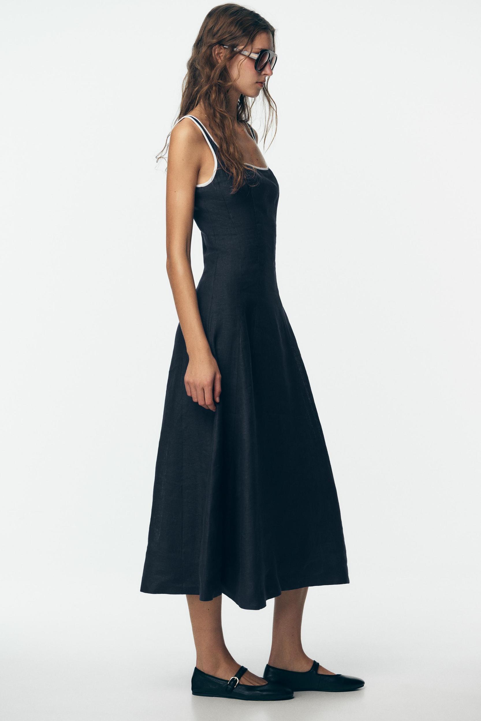 CONTRAST PIPING LINEN MIDI DRESS Product Image
