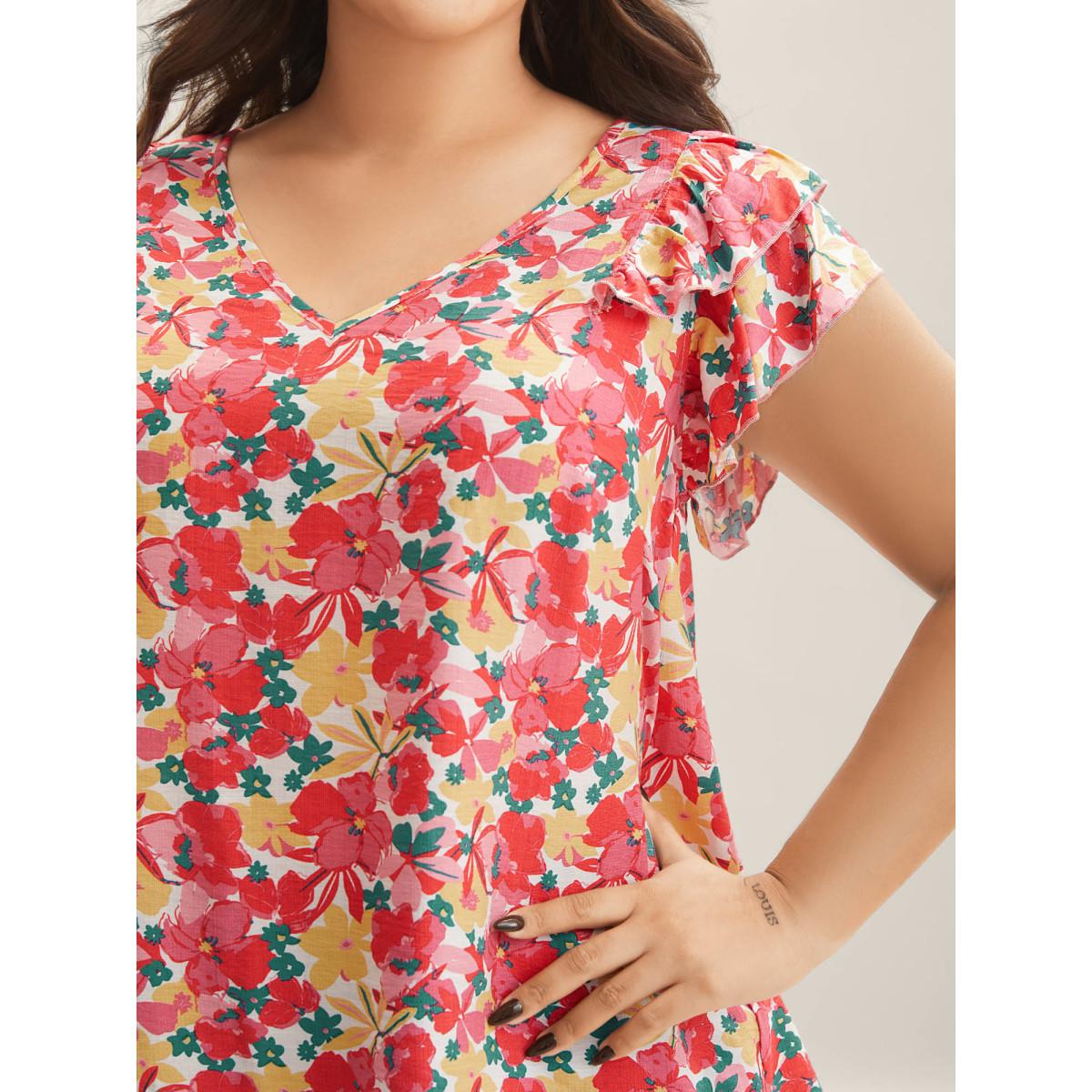 Plus Size Crimson Ruffled Bright Floral Print Blouse Women Cap Sleeve V-neck Elegant Blouses BloomChic 14-16/1X Product Image