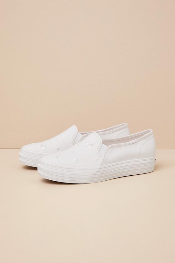 Triple Decker Snow White Canvas Embroidered Platform Sneakers Product Image