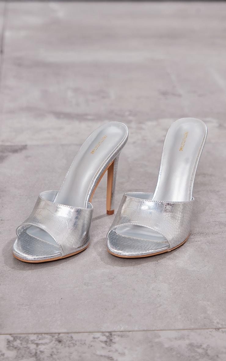 Silver Metallic Croc Pu Round Toe High Heeled Mules Product Image
