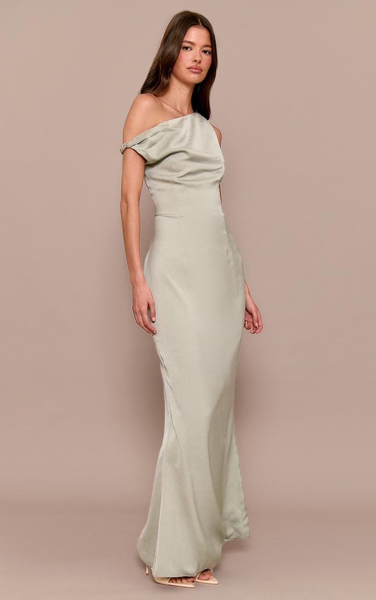 Sage Green Satin Asymmetric Bardot Twist Maxi Dress Product Image
