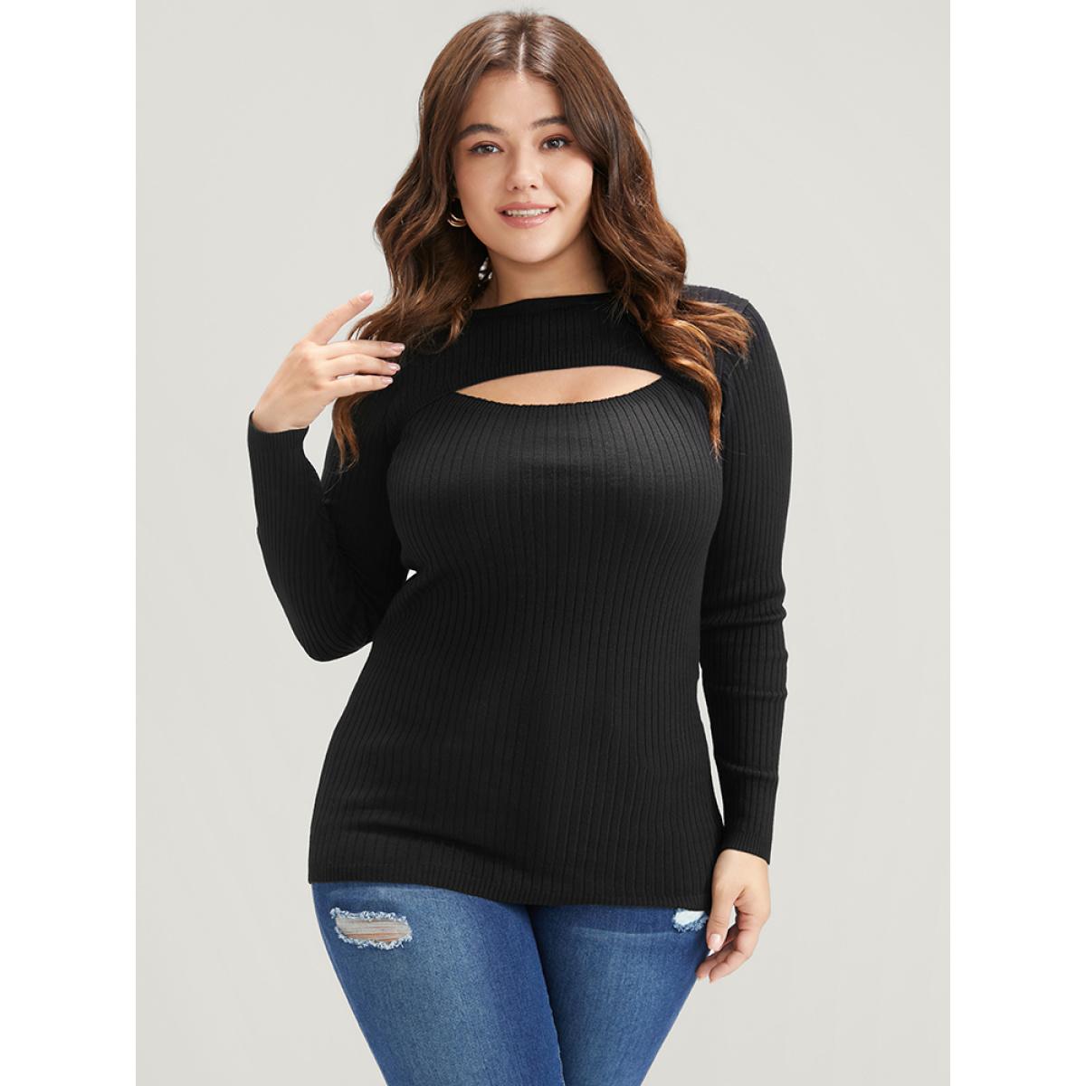 Plus Size Solid Super Soft Rib Knit Cut Out Knit Top Black Women Elegant Bodycon Long Sleeve Round Neck Dailywear Pullovers BloomChic 28/5X Product Image