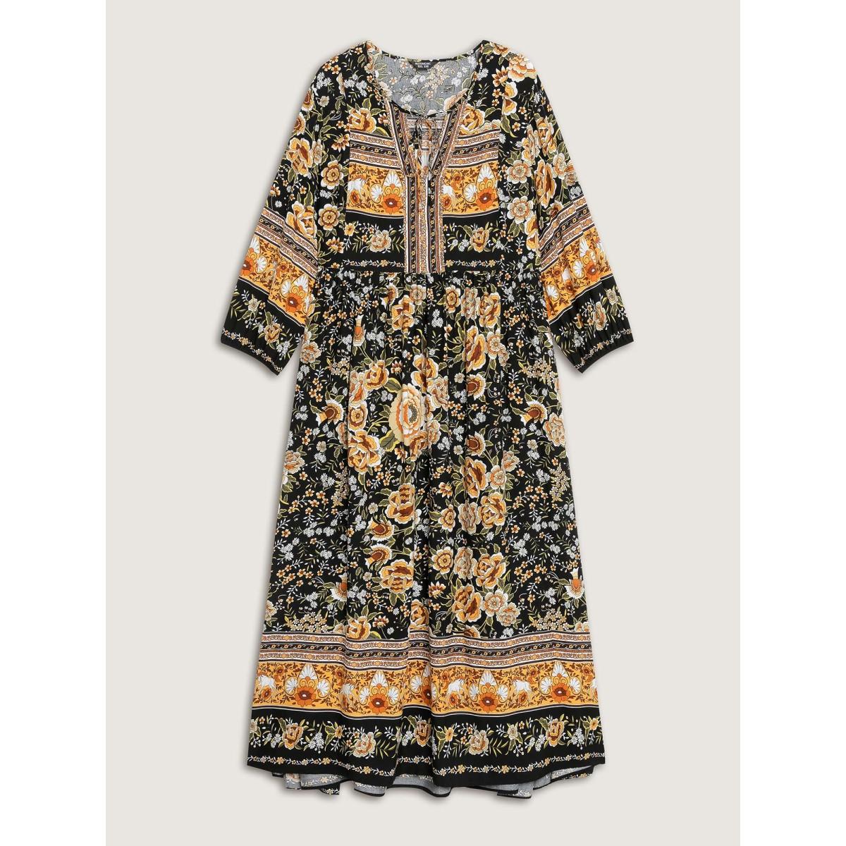 Plus Size Floral Print Contrast Puffy Sleeve Maxi Dress BlackFlower Women Boho Printed Flat collar with V-notch Cap Sleeve Curvy BloomChic 28/5X Product Image