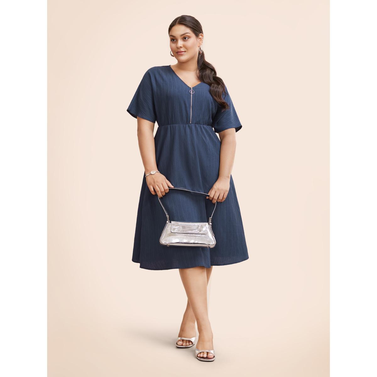 Plus Size Textured Half Zip Dolman Sleeve Dress Indigo Women At the Office Texture V-neck Short sleeve Curvy BloomChic 18-20/2X Product Image