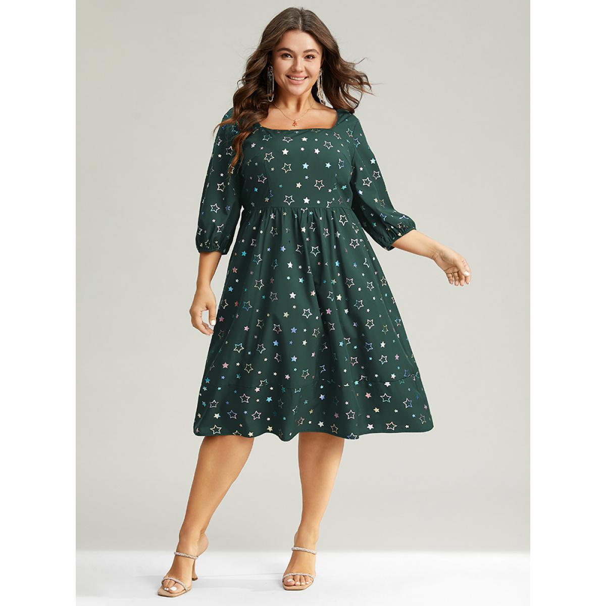 Plus Size Heart Glitter Square Neck Lantern Sleeve Dress DarkGreen Women Cocktail Elastic cuffs Square Neck Half Sleeve Curvy Midi Dress BloomChic 28/5X Product Image
