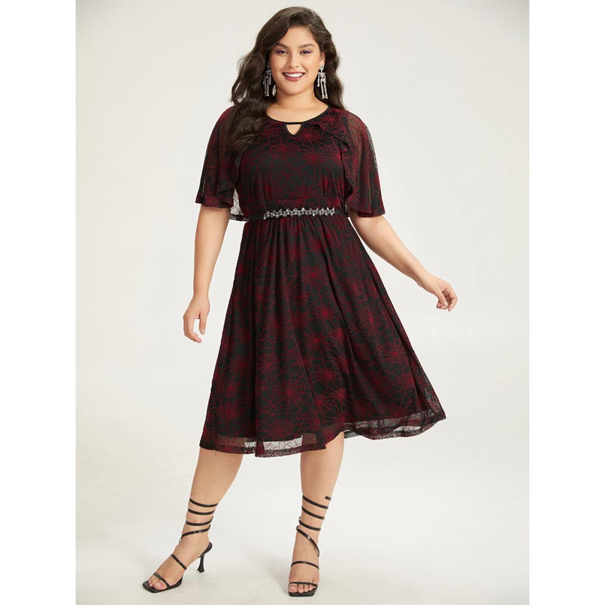 Plus Size Halloween Spider Web Pattern Keyhole Dress Black Women Party Gathered Notched collar Half Sleeve Curvy Midi Dress BloomChic 26/4X Product Image