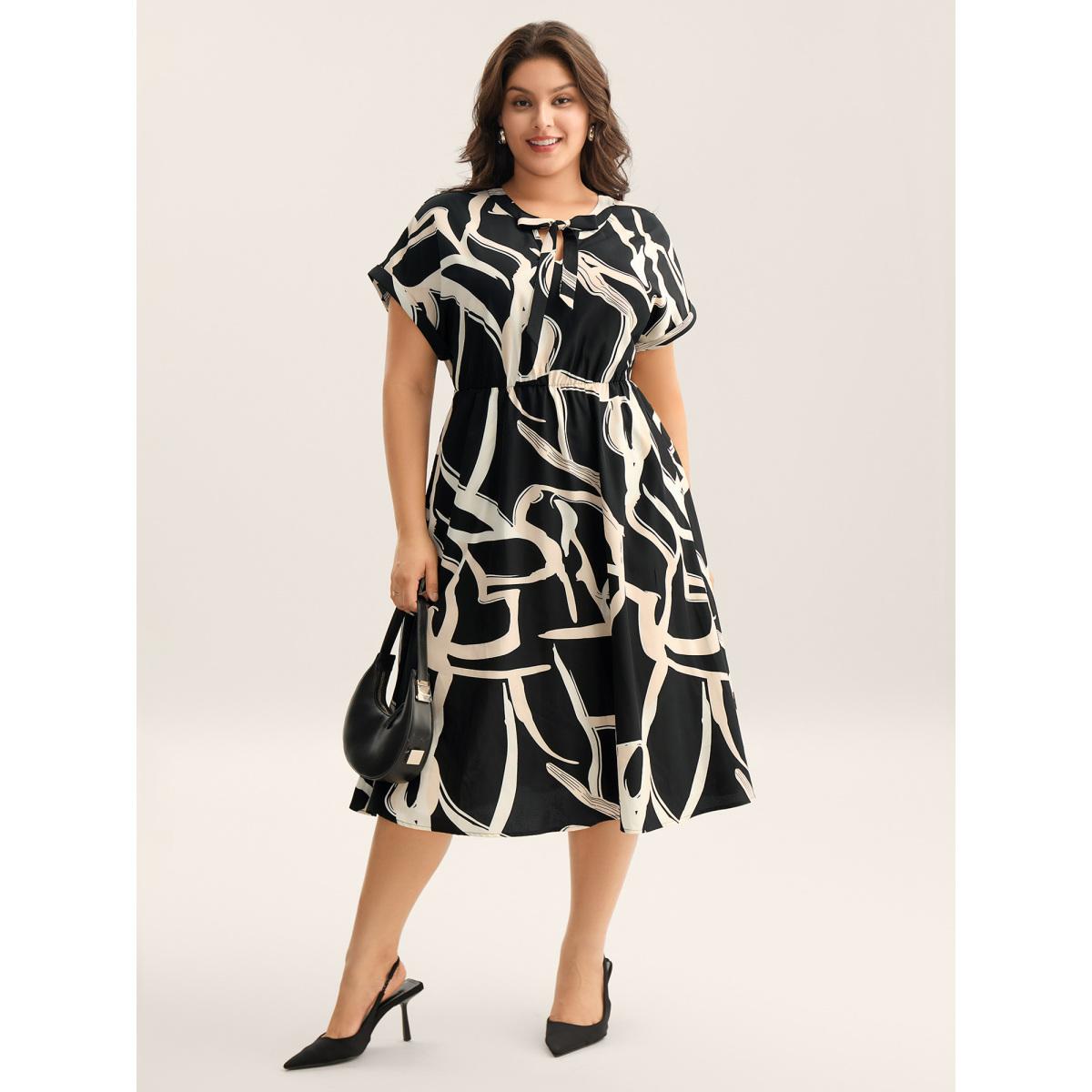 Plus Size Abstract Print Ribbon Collar Midi Dress Black Women Ribbon-tied collar Cap Sleeve Curvy BloomChic 22-24/3X Product Image