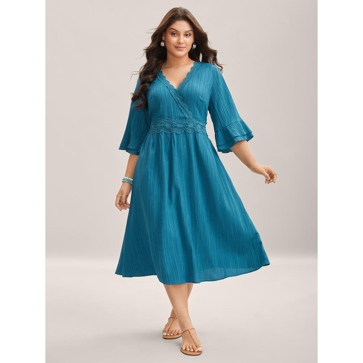 Plus Size Scalloped Lace Surplice Ruffled Midi Dress Teal Women Boho Overlap Collar Elbow-length sleeve Curvy BloomChic 10/M Product Image