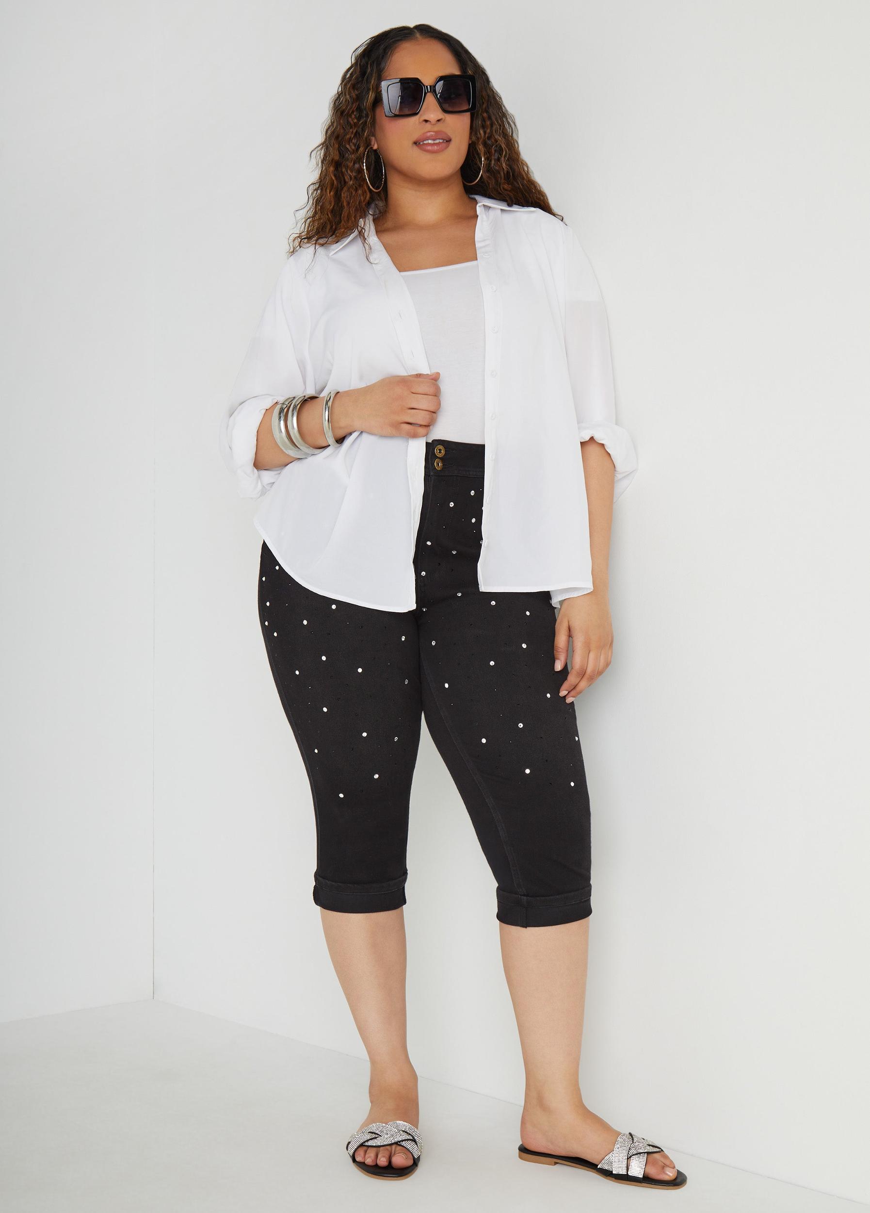Cuffed Crystal Denim Capris Product Image