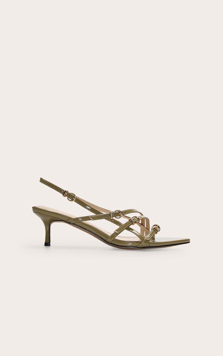 Olive Patent Pu Point Toe Multi Buckle Low Stiletto Heeled Sandals Product Image