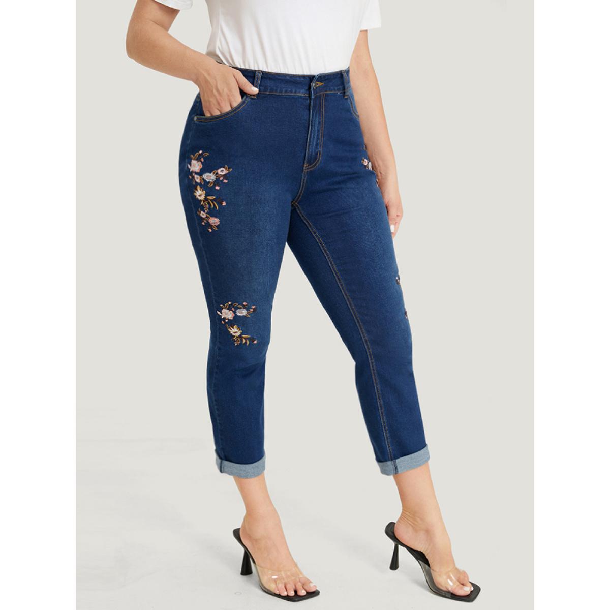 Plus Size Straight Leg Very Stretchy Dark Wash Floral Embroidered Jeans Women DarkBlue Casual Plain Embroidered High stretch Jeans BloomChic 10/M Product Image