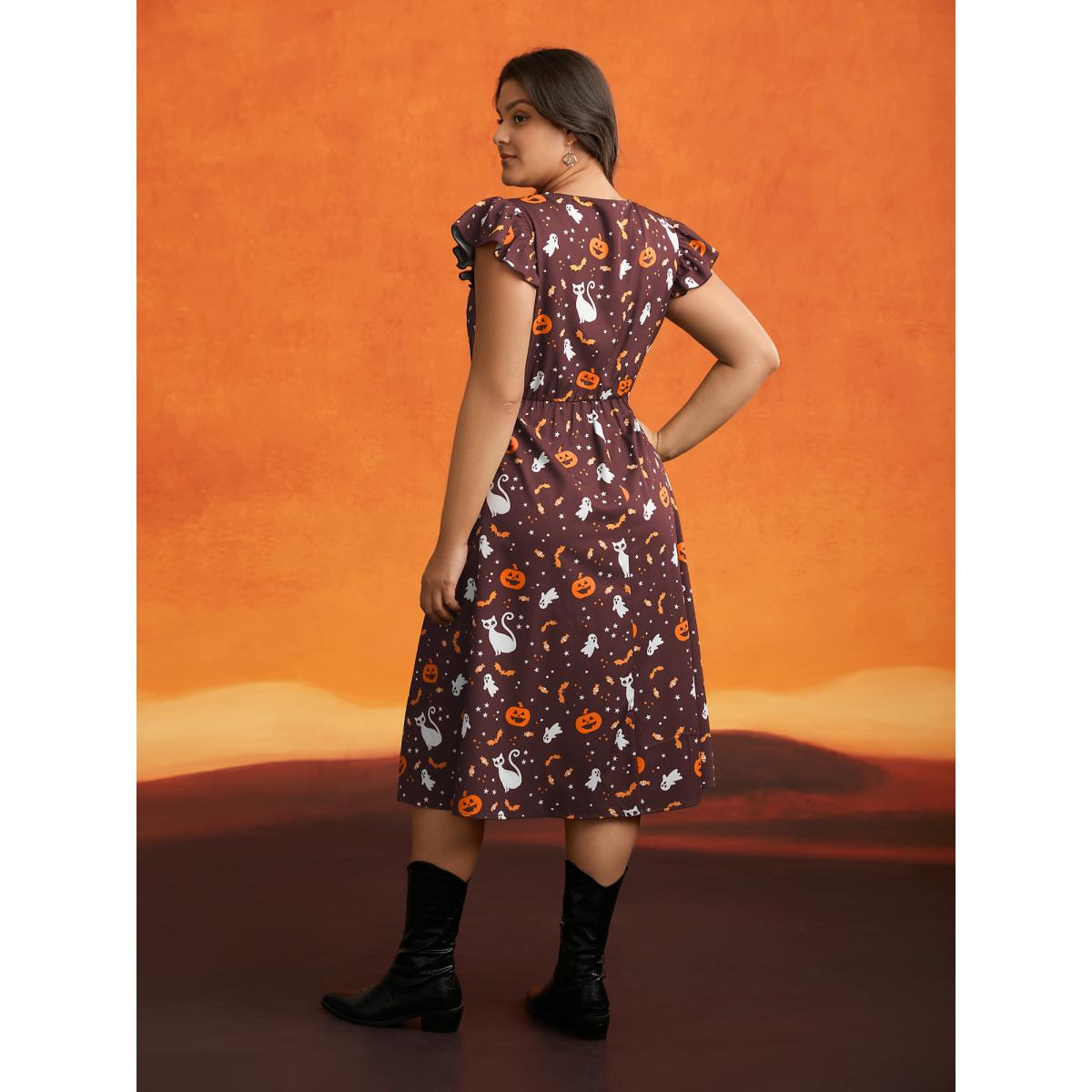 Plus Size Pumpkin Printed Ruffle Sleeves Midi Dress Deepred Women Playful Ruffles Party Curvy Bloomchic 14-16/1X Product Image