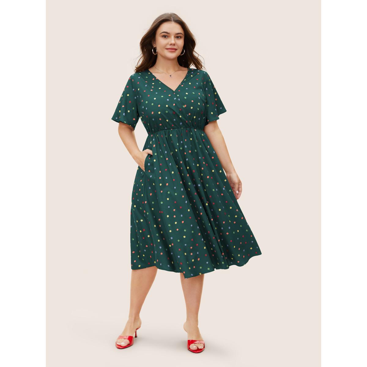 Plus Size Colored Polka Dot Overlap Collar Midi Dress DarkGreen Women Elegant Contrast Overlap Collar Short sleeve Curvy BloomChic 18-20/2X Product Image