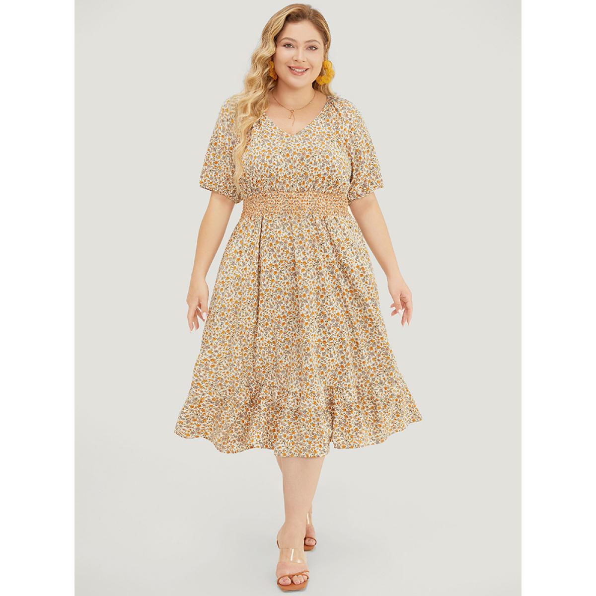 Plus Size Ditsy Floral Pocket Puff Sleeve Shirred Ruffle Trim Dress Apricot Women Elegant Gathered V-neck Short sleeve Curvy Midi Dress BloomChic 22-24/3X Product Image