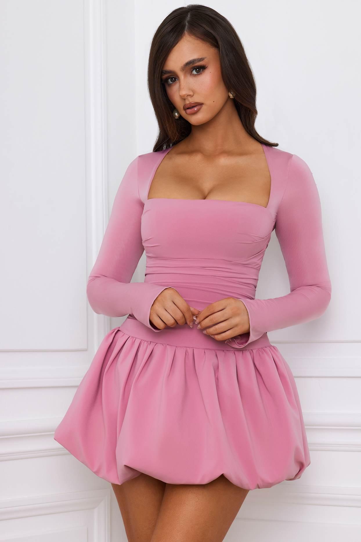 Long-Sleeve Bubble Hem Mini Dress in Mauve Product Image