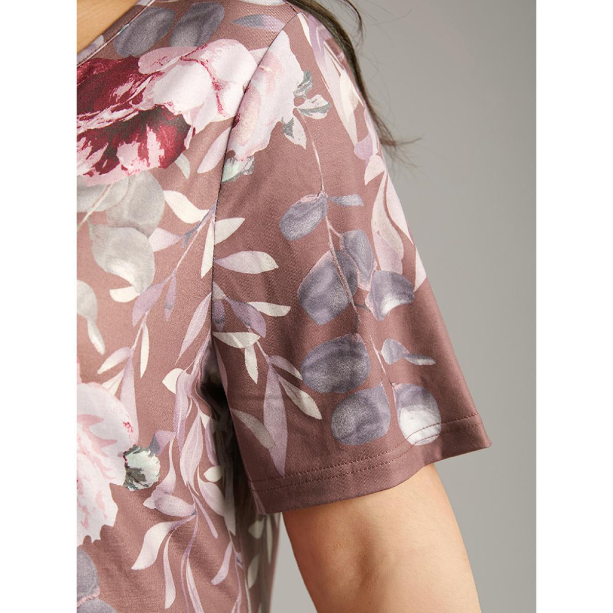 Plus Size Floral Print Notched Button Up T-shirt Multicolor Women Casual Printed Floral Open Front Dailywear T-shirts BloomChic 14-16/1X Product Image