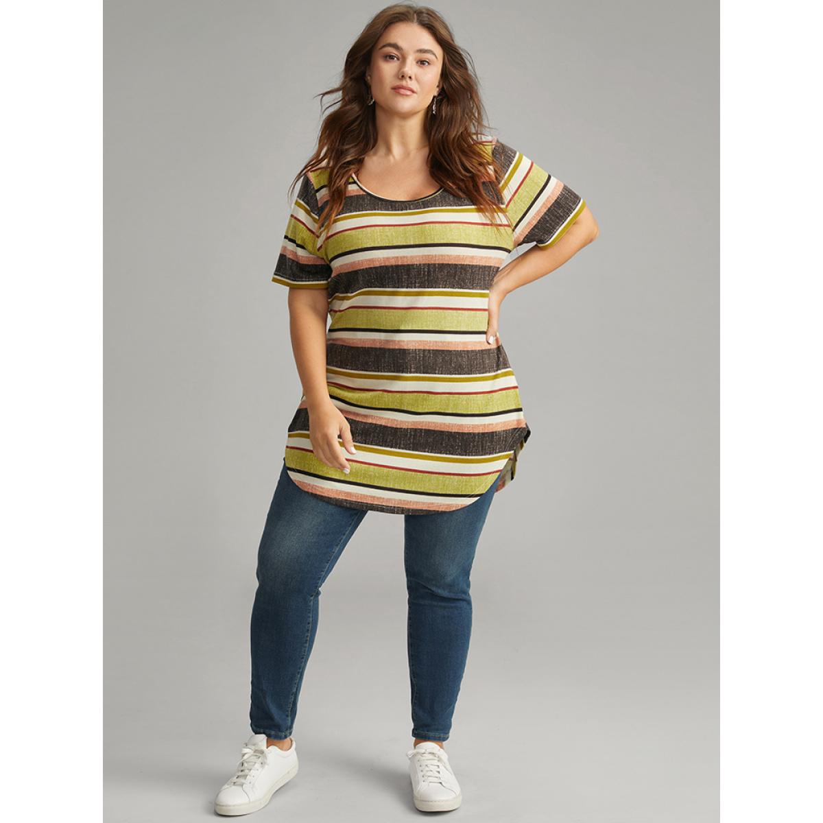 Plus Size Halloween Striped Contrast Curved Hem T-shirt Multicolor Women Casual Contrast Striped Round Neck Festival-Halloween T-shirts BloomChic 18-20/2X Product Image