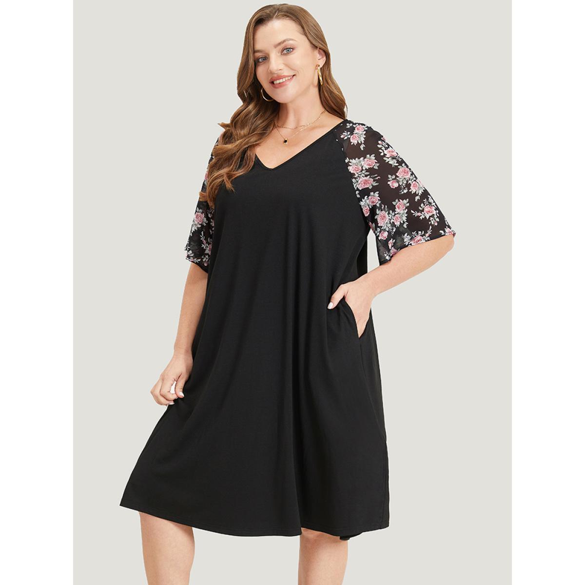 Plus Size Supersoft Essentials Floral Pocket Raglan Sleeve Midi Dress Black Women Casual Plain V-neck Short sleeve Curvy Midi Dress BloomChic 12/L Product Image