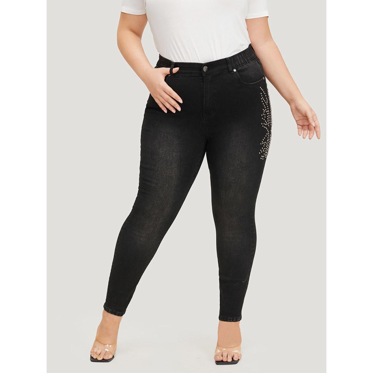 Plus Size Beaded Detail Pocket Very Stretchy Black Wash Jeans Women Black Casual Plain Beaded High stretch Pocket Jeans BloomChic 22/3X Product Image