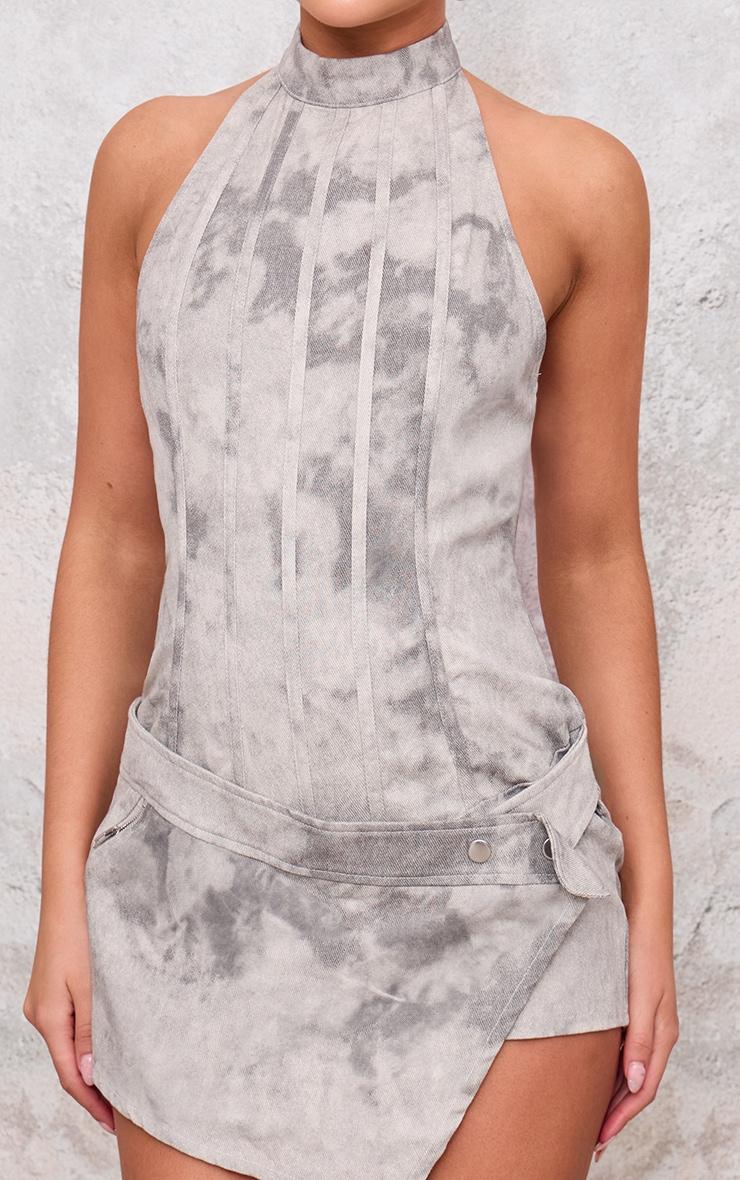 Grey Washed Twill High Neck Wrap Detail Skort Romper Product Image