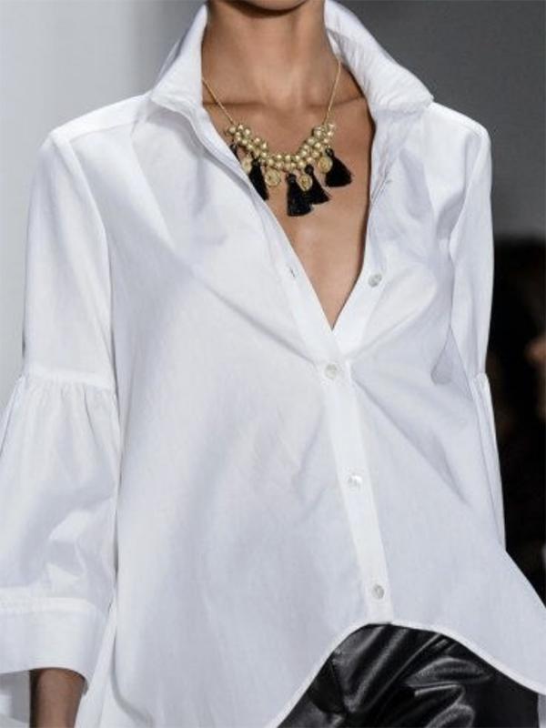 Flared Sleeves Long Sleeves Buttoned Solid Color Lapel Blouses&Shirts Tops Product Image