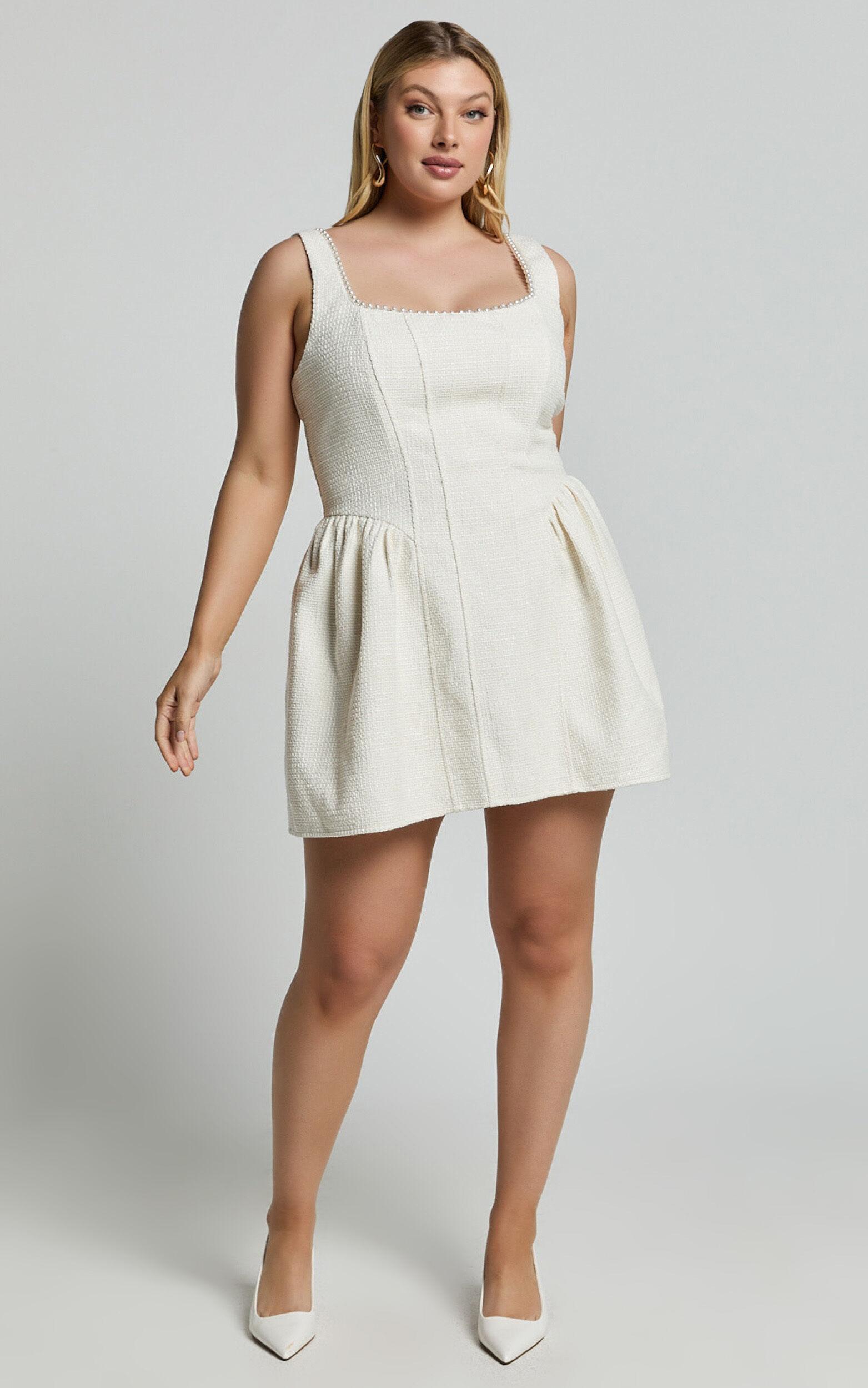 Lucia Mini Dress - Scoop Pearl Neck Boucle Dress in Cream Product Image