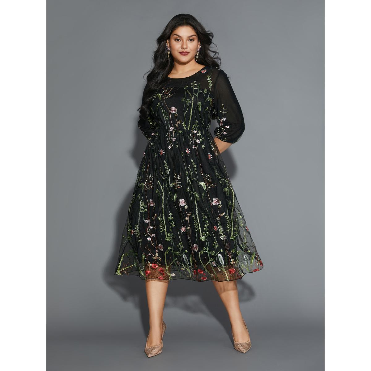 Plus Size Floral Embroidered Elastic Waist Lined Midi Dress Black Women Formal Texture Party Curvy Bloomchic 10/M Product Image
