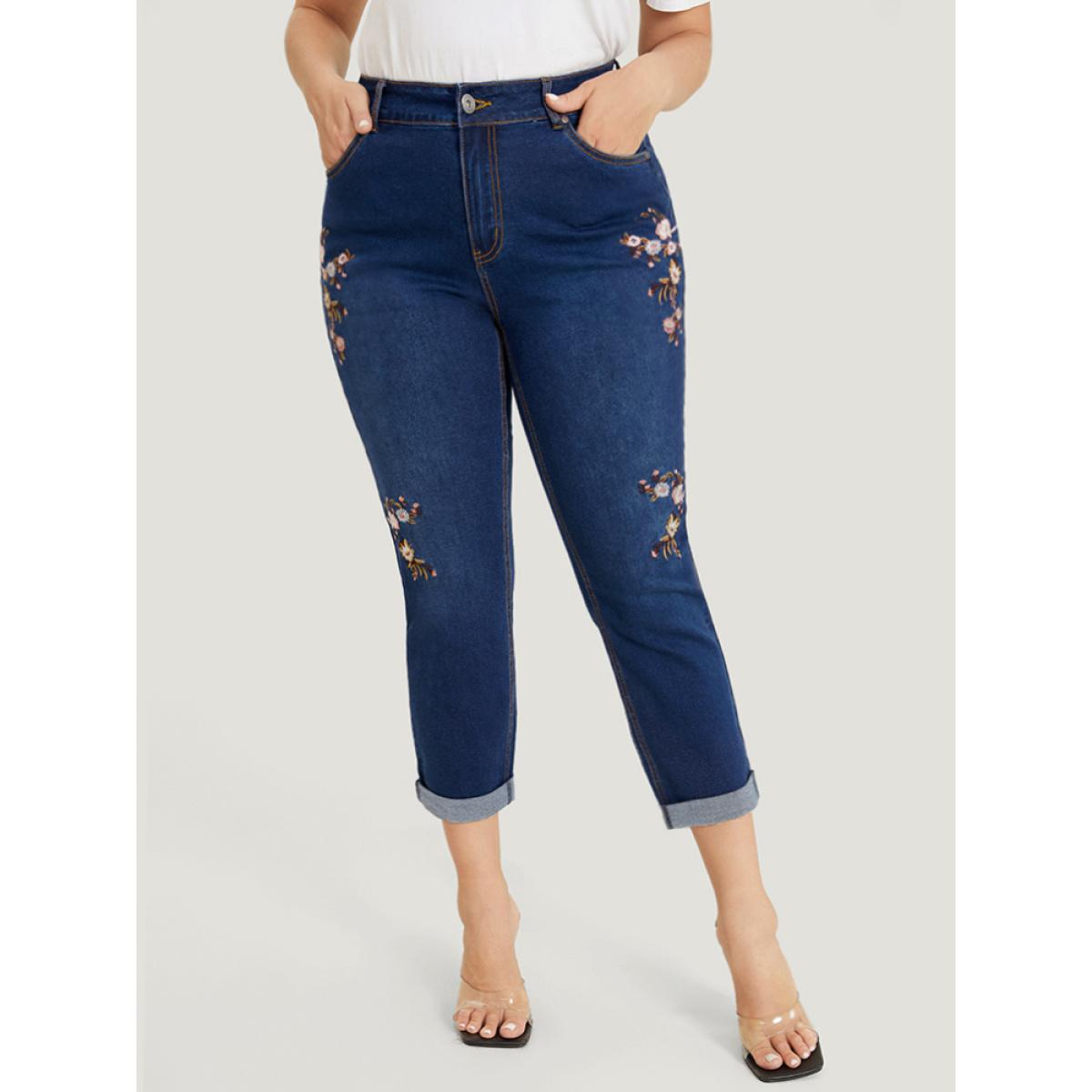 Plus Size Straight Leg Very Stretchy Dark Wash Floral Embroidered Jeans Women DarkBlue Casual Plain Embroidered High stretch Jeans BloomChic 10/M Product Image
