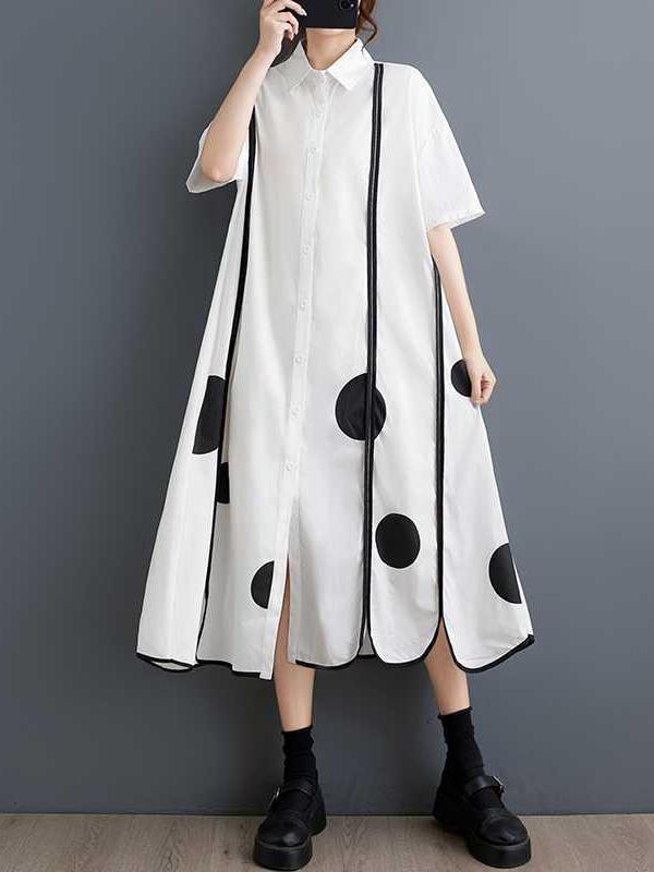A-Line Half Sleeves Buttoned Pockets Polka-Dot Split-Front Split-Joint Lapel Midi Dresses Shirt Dress Product Image